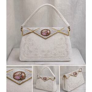 Vintage French White Beaded Evening Purse with Hand-Painted Porcelain Miniature